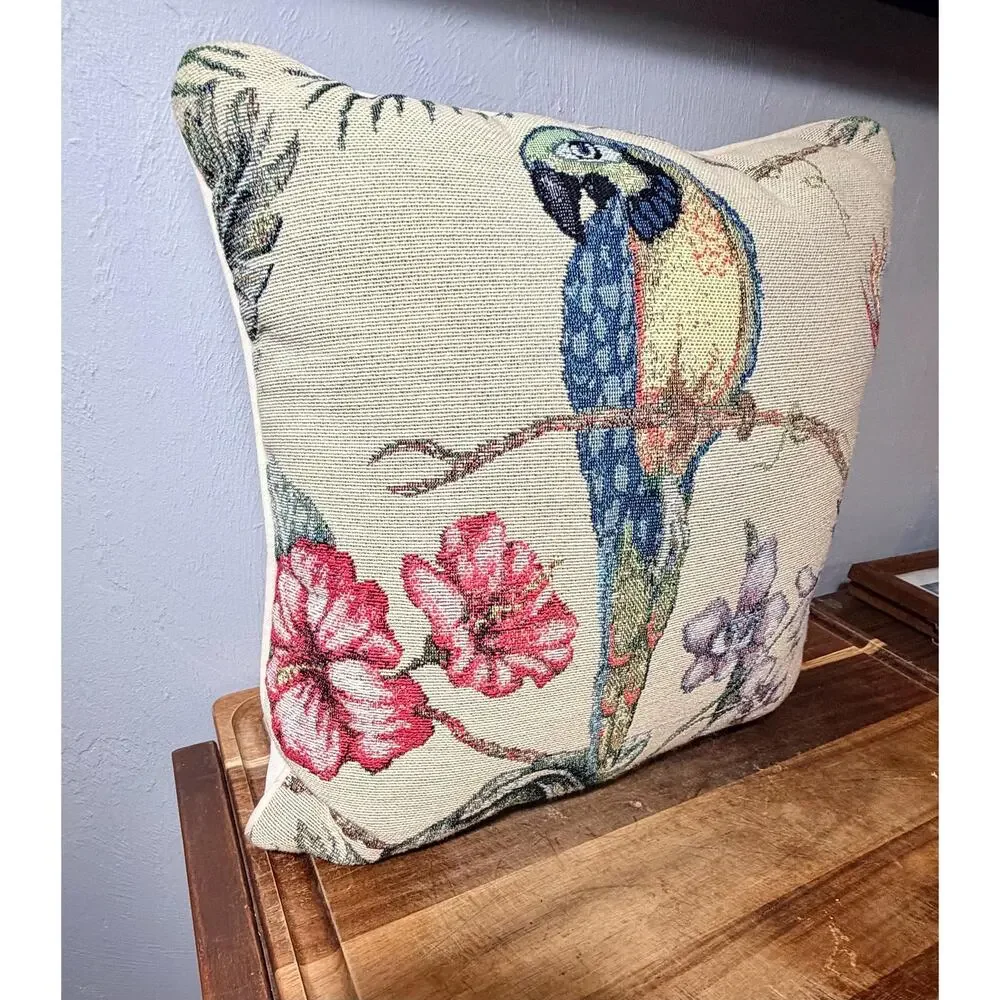 Vintage Tropical Parrot Tapestry Pillow | Blue Macaw Floral Botanical Accent